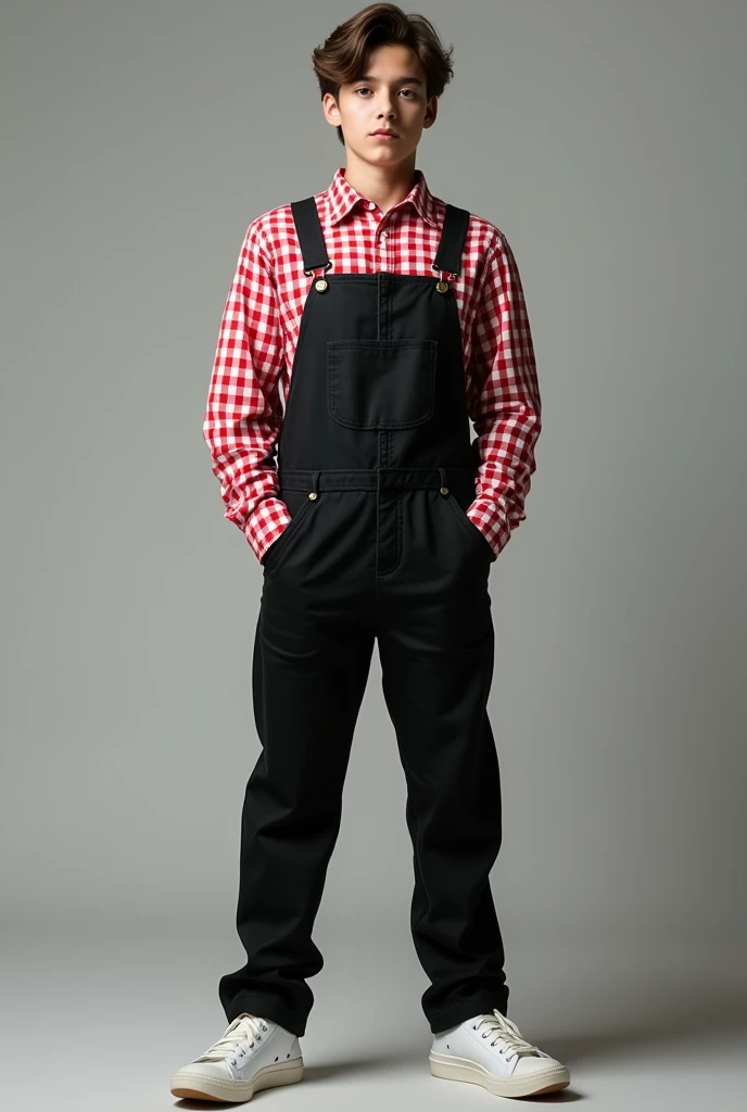 Can you make me a farmer costume for a 15 year old boy?, with a sexy black pants overol, I'm wearing a red checkered long-sleeved shirt and tights underneath., WHITE TENNIS