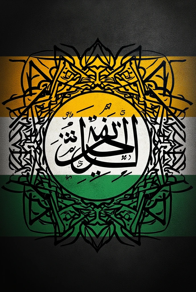 A flag with colours blck yellow white and green with a complex pattern and allahu albar in Cyrillic on it