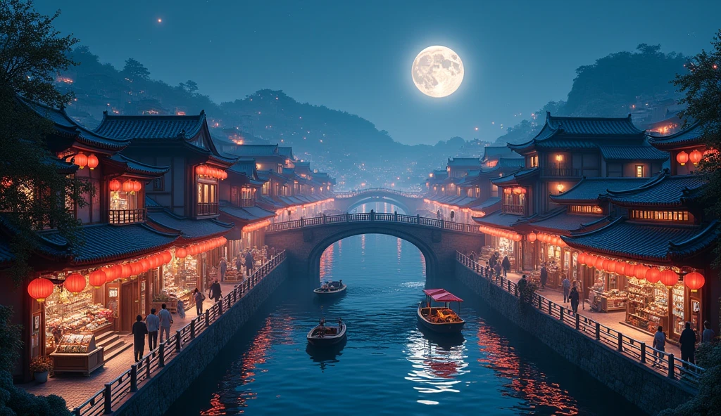 masterpiece, top-quality, depth of fields, high details, 8K, anime a night scene of china town, lots of shop outlets, chinese lanterns, detailed background, high angle view, beside a river, wooden boats, a large bridge on the middle, moon