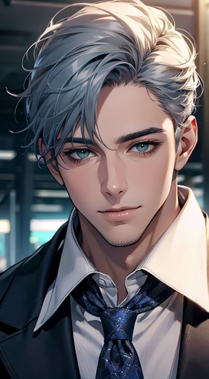 (Highest quality,4K,8K,High resolution,masterpiece:1.2),Super detailed,(Realistic,photoRealistic,photo-Realistic:1.37),1 person,31 years old,Mature Men,Beautiful skin、very handsome,Expressionless smile in love,Short gray blue hair,green eyes,Sharp Eyes,A perfect face without a doubt,Businessman,Office Background,Cinema Lighting,HDR image,tie、
