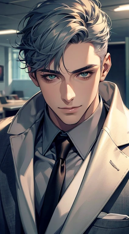 (Highest quality,4K,8K,High resolution,masterpiece:1.2),Super detailed,(Realistic,photoRealistic,photo-Realistic:1.37),1 person,31 years old,Mature Men,Beautiful skin、very handsome,Expressionless smile in love,Short gray blue hair,green eyes,Sharp Eyes,A perfect face without a doubt,Businessman,Office Background,Cinema Lighting,HDR image,tie、