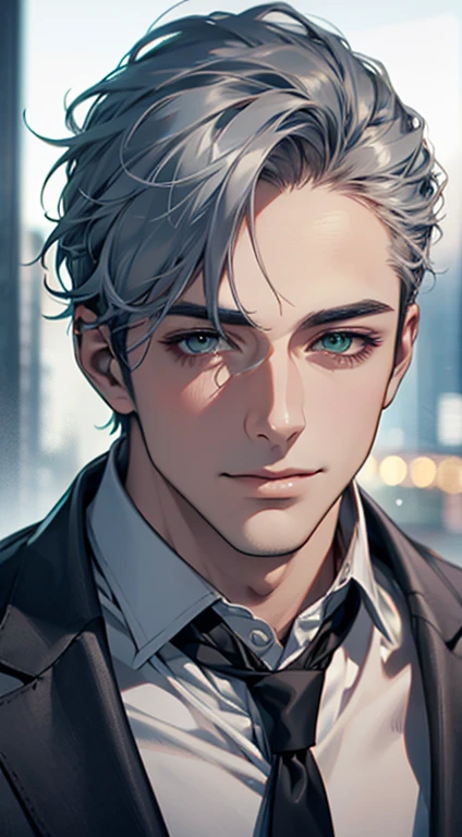 (Highest quality,4K,8K,High resolution,masterpiece:1.2),Super detailed,(Realistic,photoRealistic,photo-Realistic:1.37),1 person,31 years old,Mature Men,Beautiful skin、very handsome,Expressionless smile in love,Short gray blue hair,green eyes,Sharp Eyes,A perfect face without a doubt,Businessman,Office Background,Cinema Lighting,HDR image,tie、