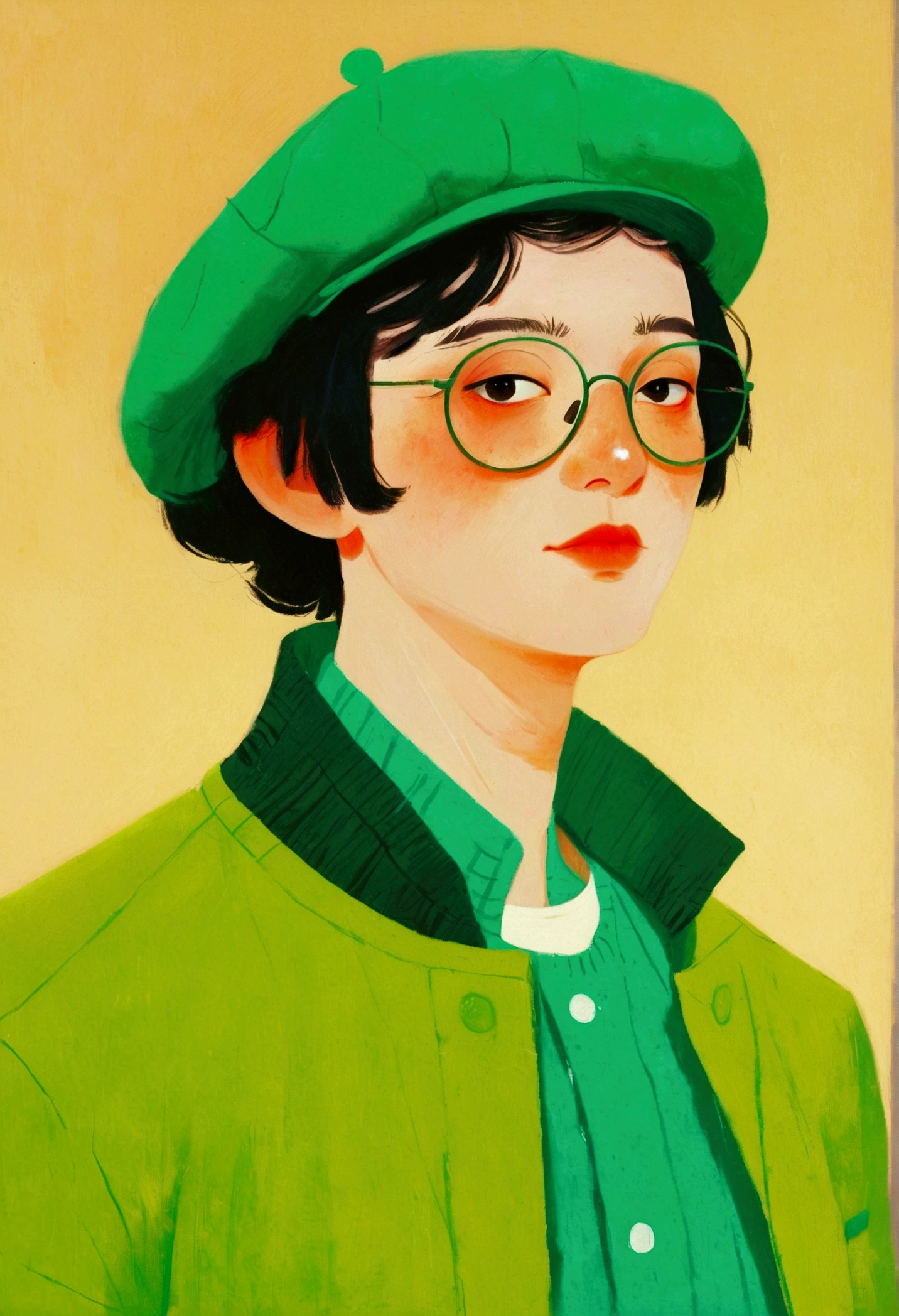 artist，Pictures of a man wearing a green beret、Oil painting of a person wearing a green jacket, The Art of Mathematics by Li Song, cg social hot spots, The Art of Mathematics, Illustration style, Otto Schmidt, High-quality illustrations, Trending on artstration, A beautiful artistic illustration, Illustration Art,Wearing a hat, Ilya Kuvshinov style, Low Fidelity Boy, The Art of Mathematics ilya kuvshinov