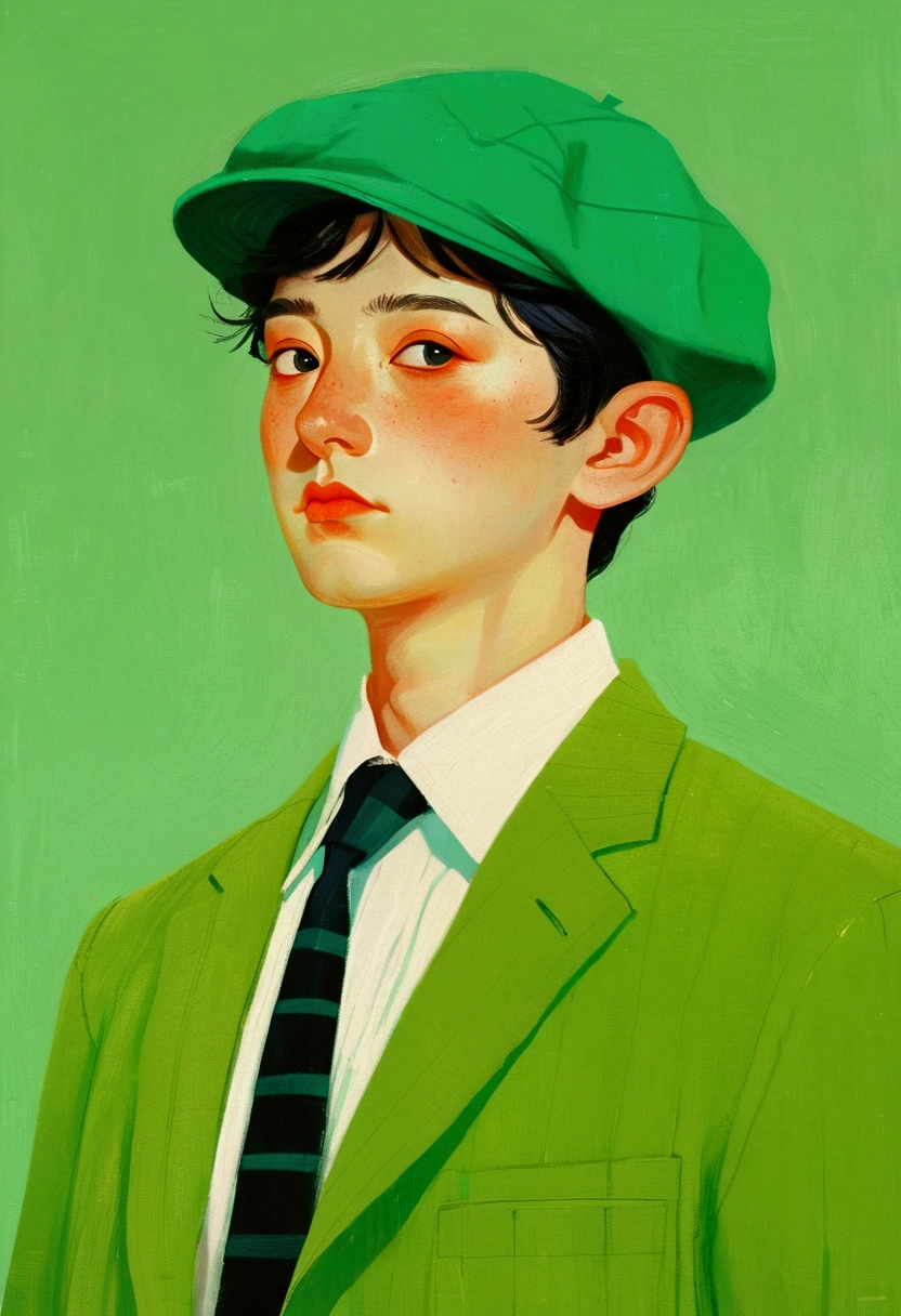 artist，Pictures of a man wearing a green beret、Oil painting of a person wearing a green jacket, The Art of Mathematics by Li Song, cg social hot spots, The Art of Mathematics, Illustration style, Otto Schmidt, High-quality illustrations, Trending on artstration, A beautiful artistic illustration, Illustration Art,Wearing a hat, Ilya Kuvshinov style, Low Fidelity Boy, The Art of Mathematics ilya kuvshinov