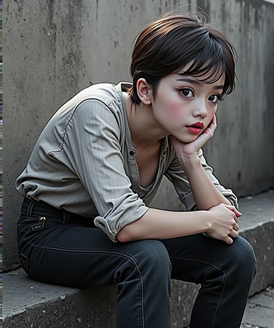 (Best Quality, 8k, High resolution, photorealistic:2.0), (Alone, A girl:2.0),(photo taken with flash:1.9),(illuminate the topic:1.8),(Ultimate Beautiful Girl:2.0),(shiny skin),(oily skin),(by rubio:1.7),(short hairstyle:1.5),(fresh beauty:2.0),Blush Brown Makeup , dark eye makeup , Wear bright pink lipstick,(girl with big bright eyes:1.5),(droopy eyed girl:1.5),(blue eyes:1.5),(thin girl:1.5),(baby girl face),(sexual attraction),(sweet smelling girl),(A girl que trabaja a tiempo parcial en un museo de arte.:1.3),(she works for low wages:1.5),(kind hearted woman:1.5),(ella tiene una Nice smile:1.3),(woman with a happy look:1.3),(She is very sociable),(from a very poor family:1.5),(virgin girl),(She is a secret pervert..),(she covertly lascivious),(she looks so erotic),(Preserving virginity for devout Christians),chuuChloe,(A woman with very soft breasts.),(woman fantasizing about sex),(seduction),(masturbation enthusiast:1.5),(stunning eyes:1.5),(clean girl),(affability),(fitted dress shirt),(Nice smile),(open mouth),(Hang)