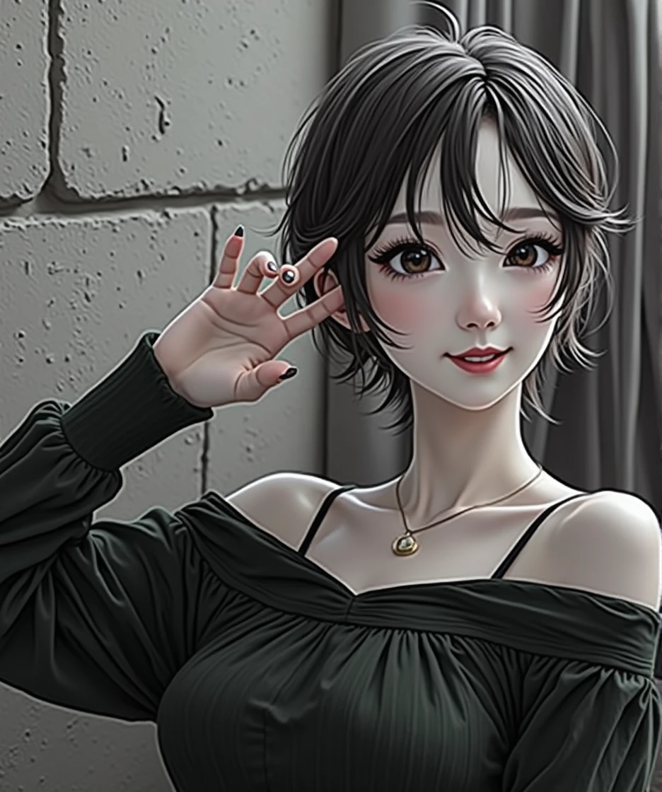 (Best Quality, 8k, High resolution, photorealistic:2.0), (Alone, A girl:2.0),(photo taken with flash:1.9),(illuminate the topic:1.8),(Ultimate Beautiful Girl:2.0),(shiny skin),(oily skin),(by rubio:1.7),(short hairstyle:1.5),(fresh beauty:2.0),Blush Brown Makeup , dark eye makeup , Wear bright pink lipstick,(girl with big bright eyes:1.5),(droopy eyed girl:1.5),(blue eyes:1.5),(thin girl:1.5),( face),(sexual attraction),(sweet smelling girl),(A girl que trabaja a tiempo parcial en un museo de arte.:1.3),(she works for low wages:1.5),(kind hearted woman:1.5),(ella tiene una Nice smile:1.3),(woman with a happy look:1.3),(She is very sociable),(from a very poor family:1.5),(virgin girl),(She is a secret pervert..),(she covertly lascivious),(she looks so erotic),(Preserving virginity for devout Christians),chuuChloe,(A woman with very soft breasts.),(woman fantasizing about sex),(seduction),(masturbation enthusiast:1.5),(stunning eyes:1.5),(clean girl),(affability),(fitted dress shirt),(Nice smile),(open mouth),(Hang)