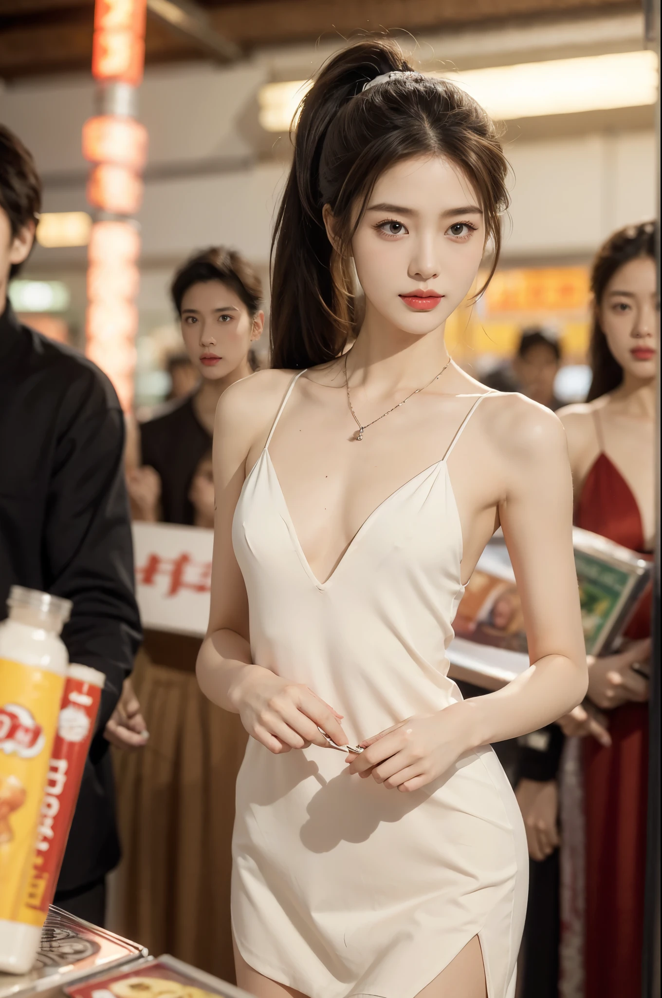 (((best quality))),(((ultra detailed))),(((masterpiece))),illustration,((1 beautiful girl,female cashier,solo)),(short ponytail:1.2),((slim,thin)),((small breasts,flat chest)),(slip dress:1.3),(slender legs:1.2),(standing:1.3),dimly lit,soft glow,shelves,snacks,drinks,necessities,air conditioning,breeze,elegance,grace,vibrant red lipstick,crisp,delicate necklace,sparkling pendant,calmly,warm smile,inviting,poise,unaffected,hustle and bustle,city life,convenience store,haven,weary souls,relentless heat,resilient spirit,(indoor:1.2),(night scene:1.3),((from front,upper body)),(surrounded by crowded crowds:1.3)