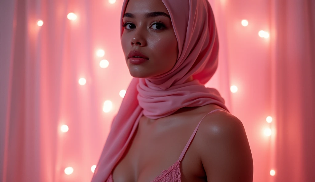 1 malay girl , modern plain hijab, shy, medium portrait shot , watery eyes , pink glowing particles, wear pastel pink lingerie,(( big breast)), pink light bokeh background, proportional body,, (naked:1.5), full body, orgasm, (massive ass:1.3)