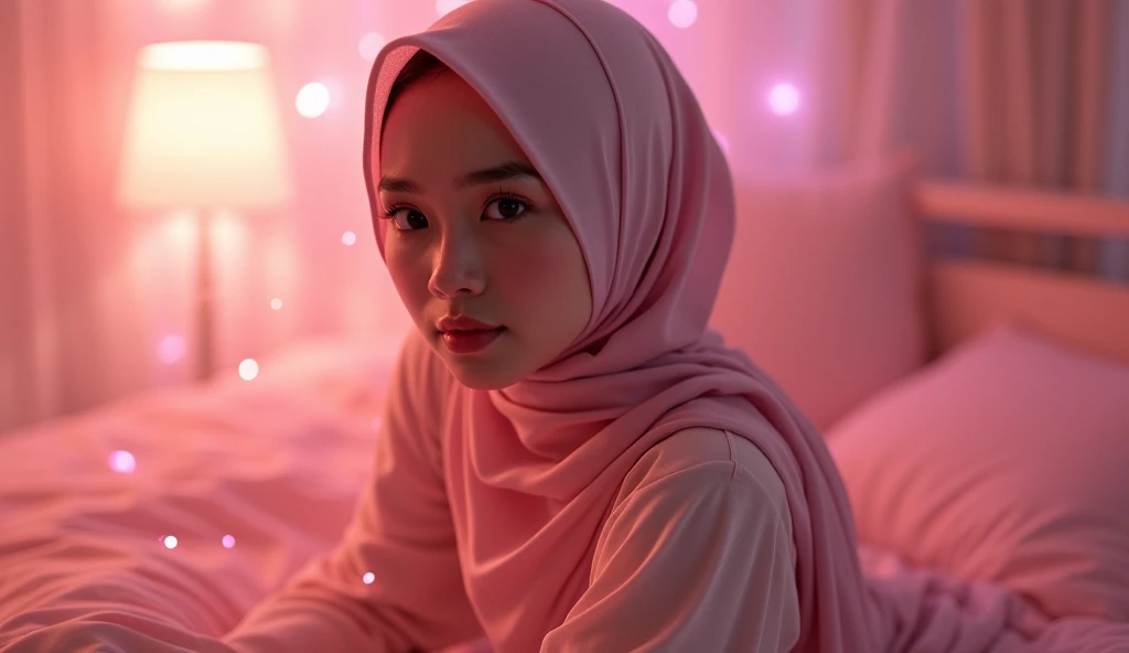 1 malay girl , modern plain hijab, shy, medium portrait shot , watery eyes , pink glowing particles, wear pastel pink lingerie,(( big breast)), pink light bokeh background, proportional body,, (naked:1.5), full body, orgasm, (massive ass:1.3)