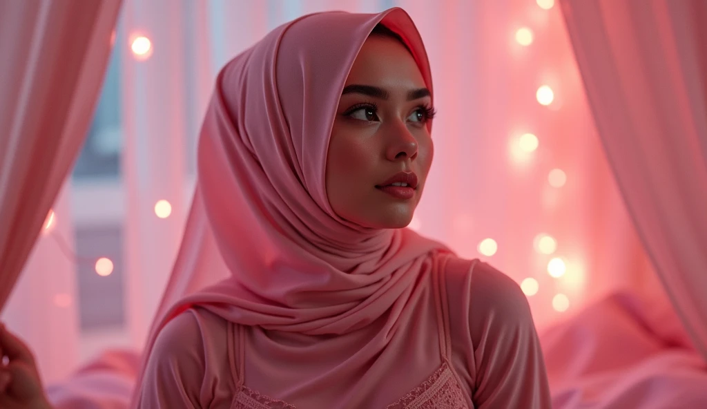 1 malay girl , modern plain hijab, shy, medium portrait shot , watery eyes , pink glowing particles, wear pastel pink lingerie,(( big breast)), pink light bokeh background, proportional body,, (naked:1.5), full body, orgasm, (massive ass:1.3)