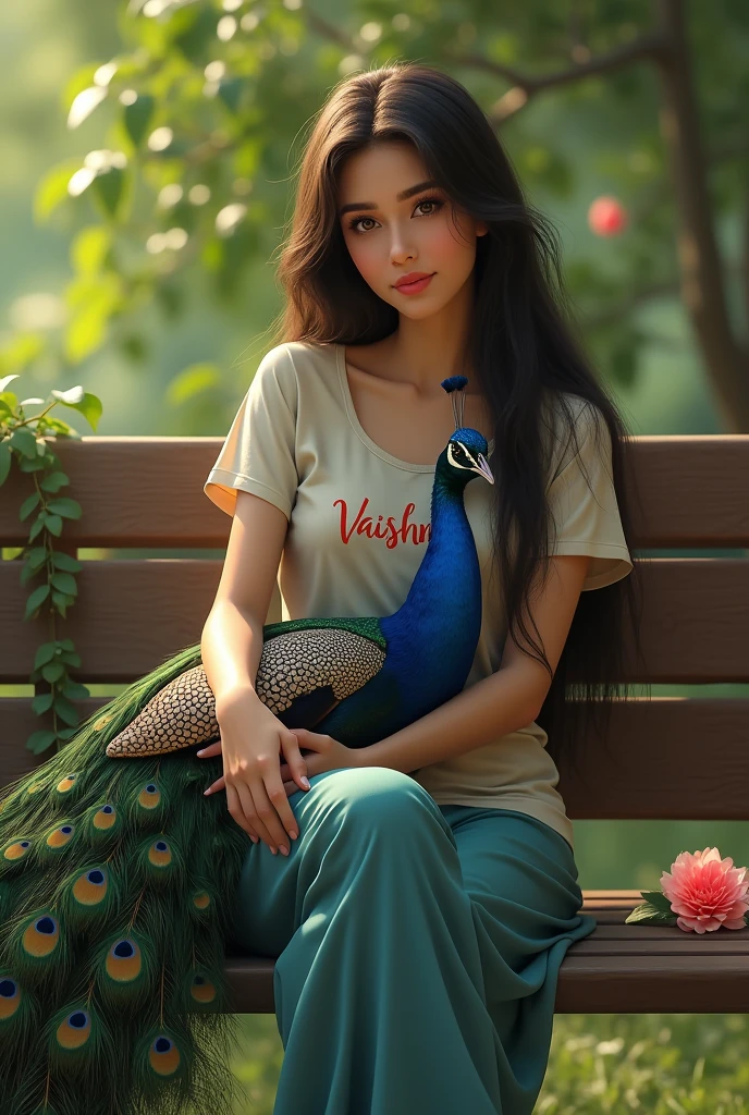 (photorealism:1.2), beautiful woman, sitting on bench, wearing t-shirt, cuddling peacock, on t-shirt written vaishnavi, in the background there are natural environments, cozy space
