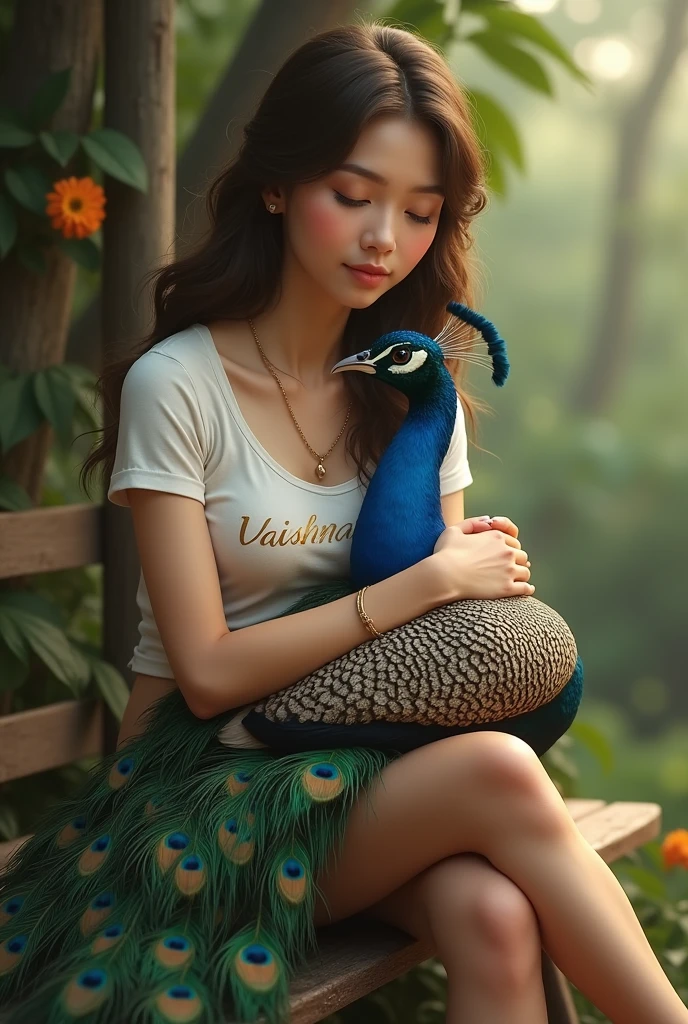 (photorealism:1.2), beautiful woman, sitting on bench, wearing t-shirt, cuddling peacock, on t-shirt written vaishnavi, in the background there are natural environments, cozy space
