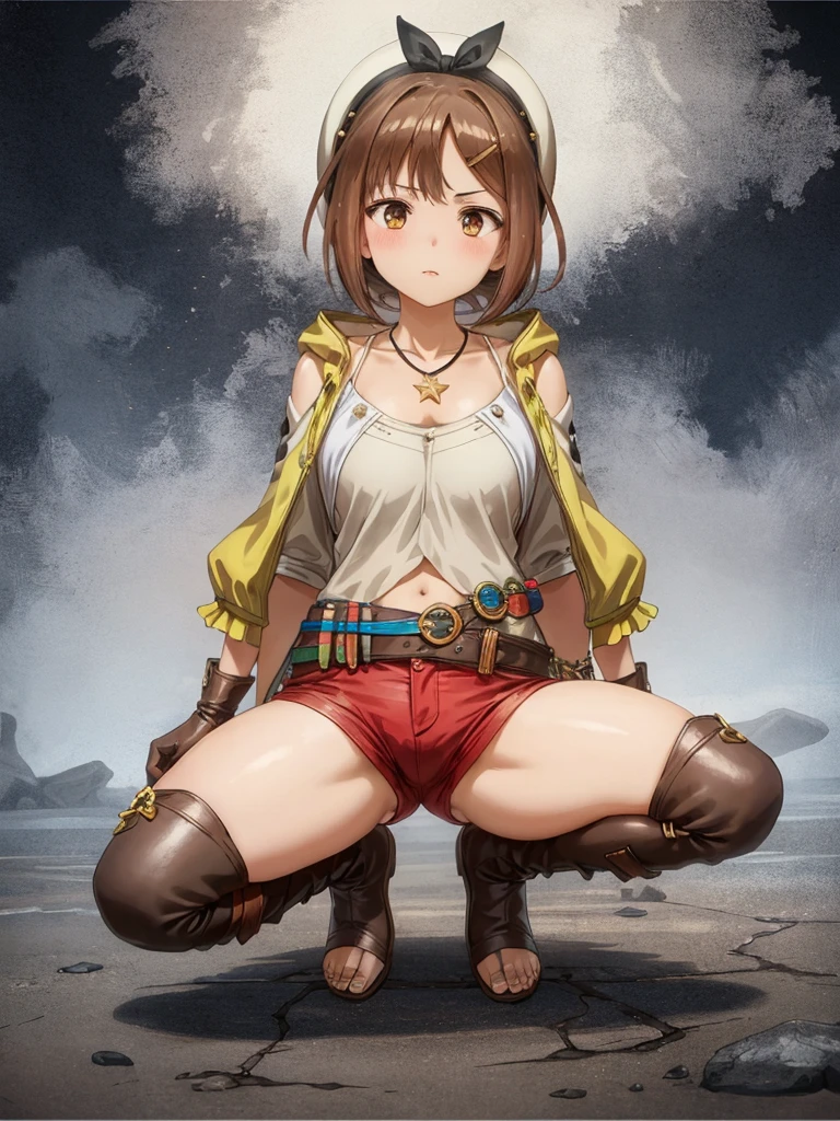 nsfw,(Squat down and spread your legs:1.2), Riser, 1 person, alone, blush, Shorts, gloves, Belt Bag, have, Head Ribbon, jewelry, 赤いShorts, Brown Hair, short Shorts, Bridal Legwear, necklace, Brown eyes, 片手gloves, hair ornaments, Valletta, star necklace, Closed-toe footwear, leather, star (symbol), White Hat, Brown gloves, Knee-high boots, short hair, Thighs Thighs Thighs, leather Belt, Tea belt, leather gloves, Jacket, Blue Belt, belly button, Thigh-high boots, ノースリーブJacket, Thigh pouch, White thighs, clavicle, のJacket, Brown shoes, Outdoor, 　　　　　,(arms behind back),　　　　　　　　　　　