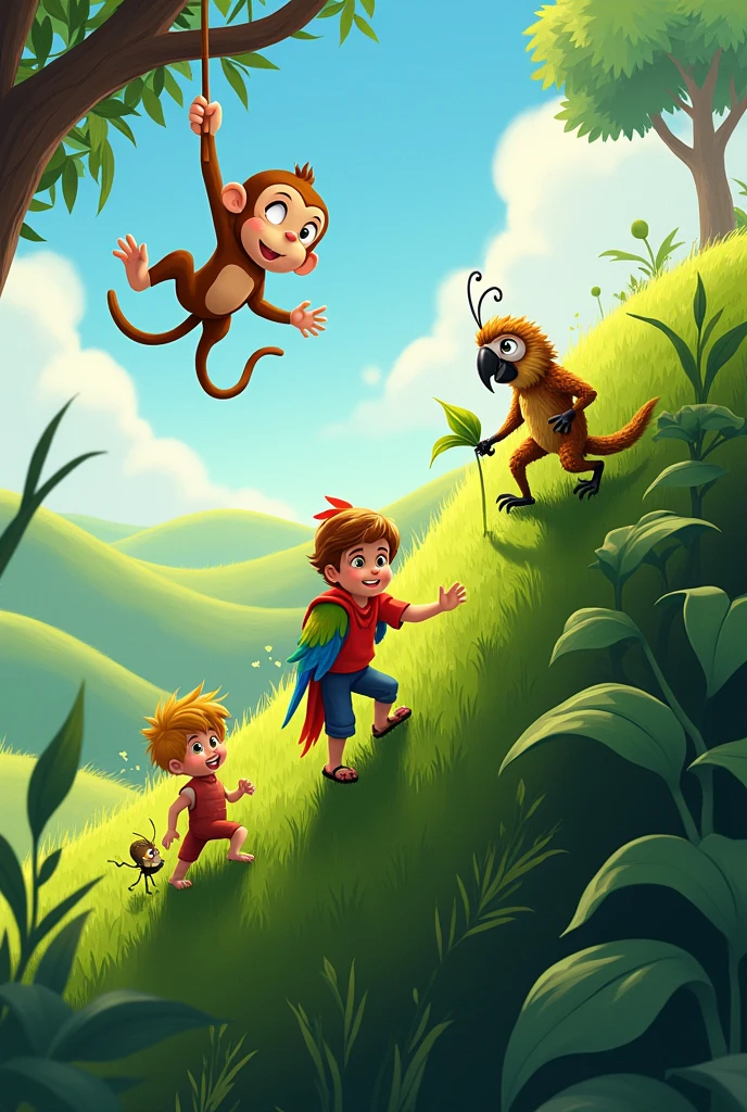 Image 3: Climbing the Hill
The animals climbing the steep, grassy hill together. The monkey is swinging from a branch, the ant is carrying a small leaf, and Timmy and the parrot are carefully making their way up.