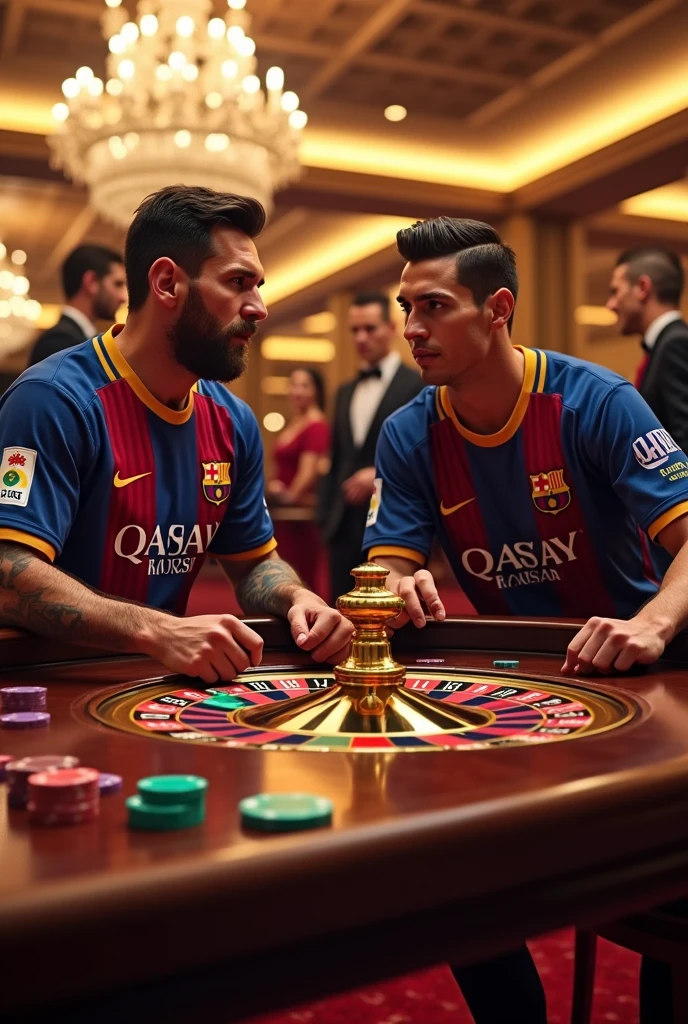 Leo Messi and Cristiano Ronaldo playing casino roulette in sports shirts with an advertisement for the sponsor called “PUSSY HOUSE”