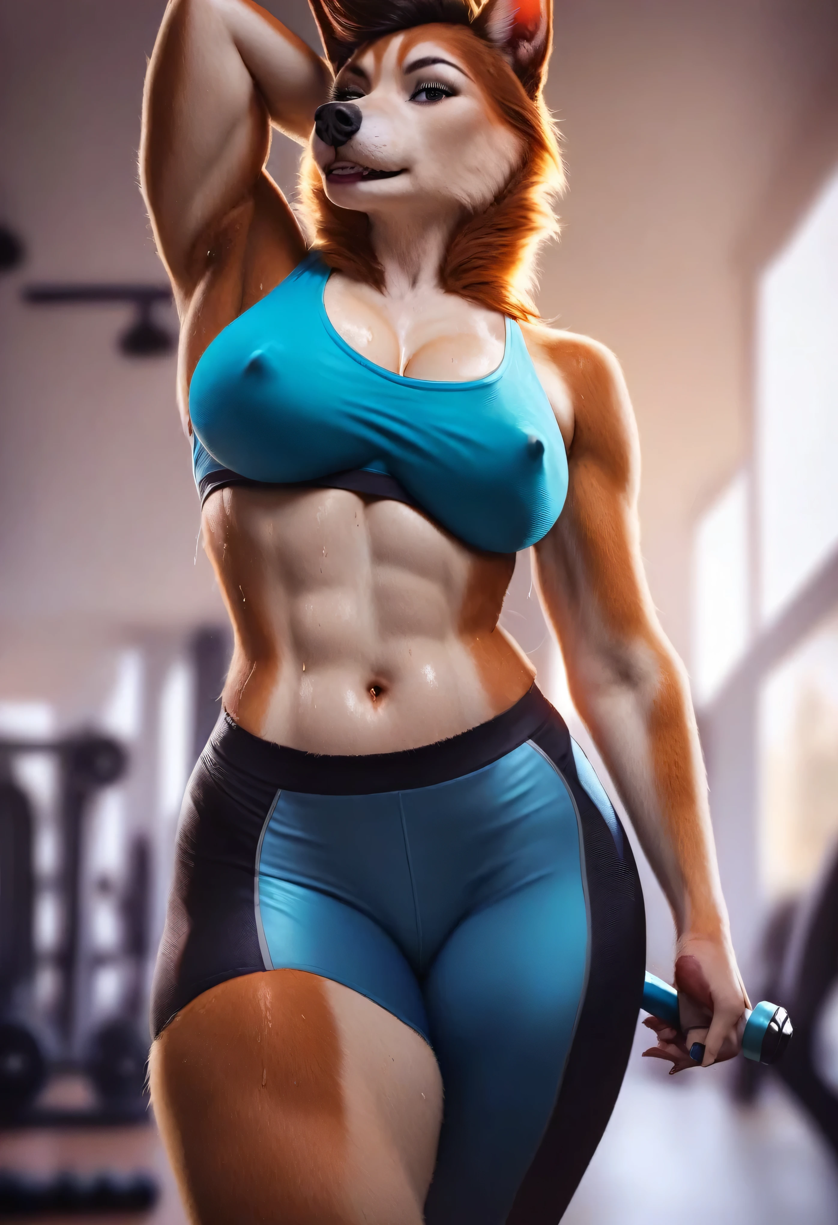 score_9, score_8_up, score_7_up, score_6_up, score_5_up, score_4_up, source_furry, realistic, photorealistic, e621, mature female anthro husky dog, MILF, posing in a gym, looking at viewer, seductive, beautiful detailed eyes, (wearing a sports bra and yoga pants), nipple outline, detailed fur, voluptuous, hourglass figure, large breasts, sweating, thick thighs, cinematic lighting, professional lighting