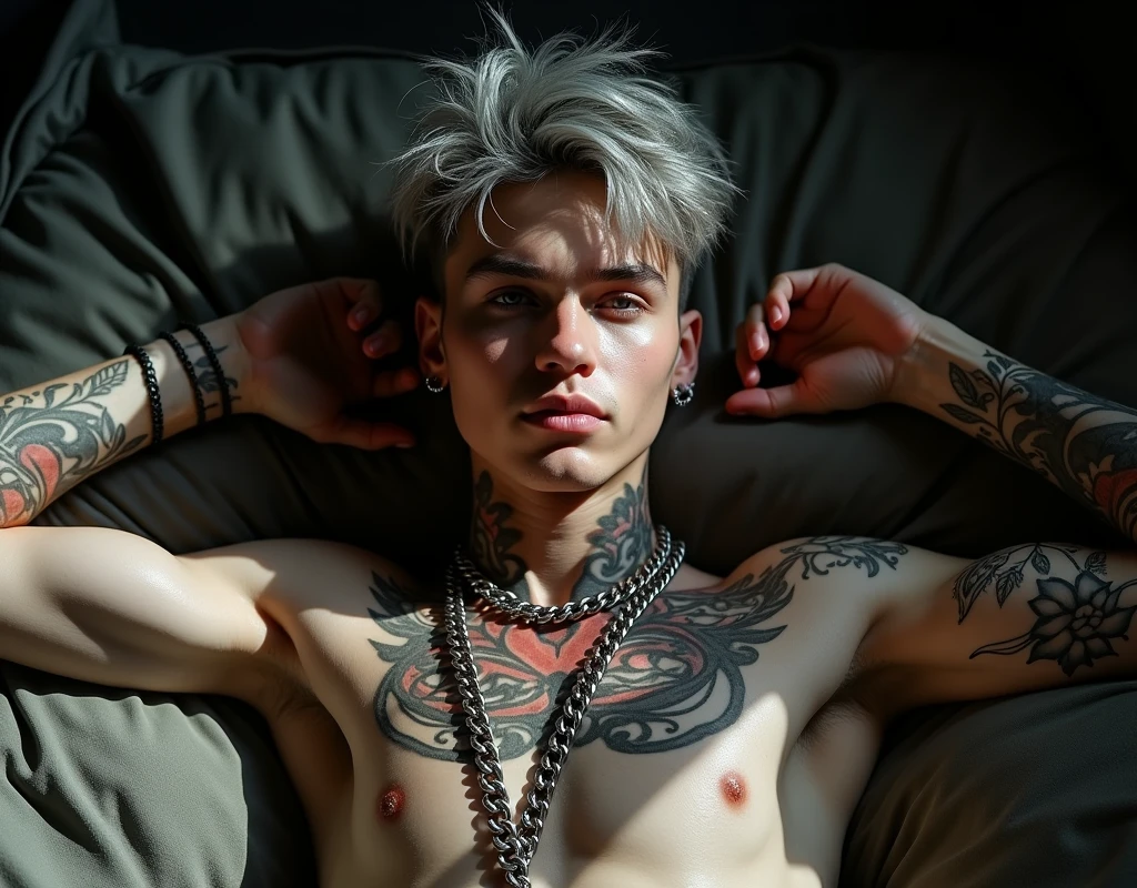 Male figure,  young man, white pale skin, grey tousled hair, piercing grey eyes, captivatingly androgynous look. He is adorned with intricate tattoos, piercings and a multitude of silver chains, striking and rebellious aesthetic. He has sweating summer, a flushed expression because summer. [anime dark edgy, fantasy genre, sleep, head on pillow.], [Dramatic lighting, dark color palette, sharp details, textured skin, perfect hand] [Naked, sensual posture] [all body recovered with tattoo]