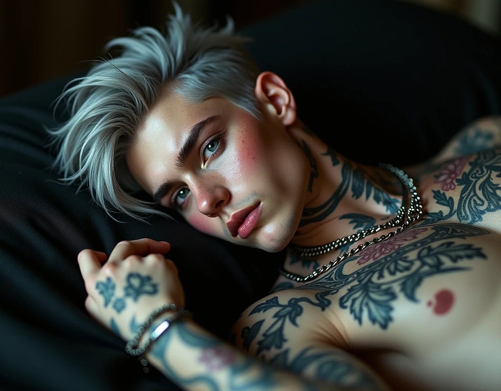 Male figure, teenage young man, white pale skin, grey tousled hair, piercing grey eyes, captivatingly androgynous look. He is adorned with intricate tattoos, piercings and a multitude of silver chains, striking and rebellious aesthetic. He has sweating summer, a flushed expression because summer. [anime dark edgy, fantasy genre, sleep, head on pillow.], [Dramatic lighting, dark color palette, sharp details, textured skin, perfect hand] [Naked, sensual posture] [all body recovered with tattoo]