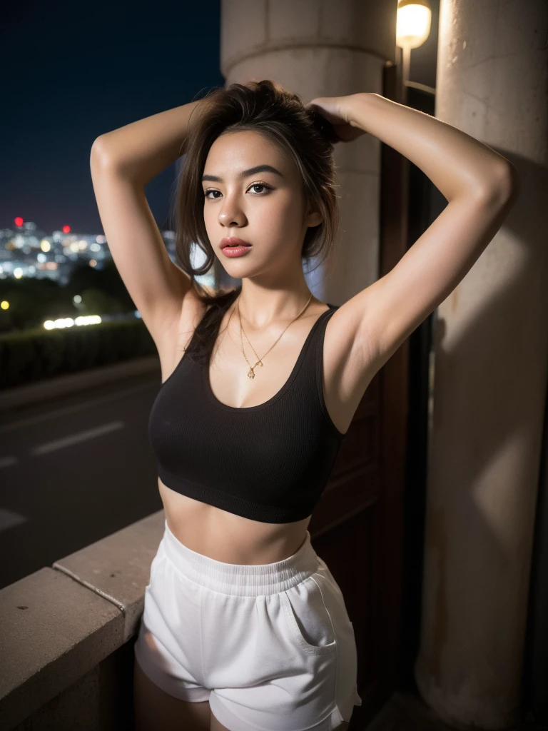 1girl, (uniform), standing, outdoors, night view, detailed Metropolitan city at the background, (above head shot: 1.4), detailed face, detailed eyes, brunette, big breasts, smooth realistic skin, semi-curvy body, wearing red nylon tanktop and thin white hot pants, looking at the audience, (8k, RAW photo, best quality, masterpiece: 1.2), (realistic, realistic: 1.37), ultra-high resolution
