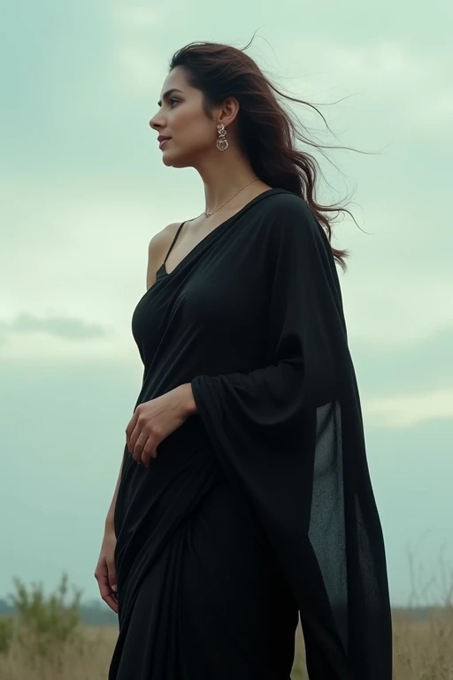Kriti sanom black saree, relaxed pose, cloud, noises, raw photo