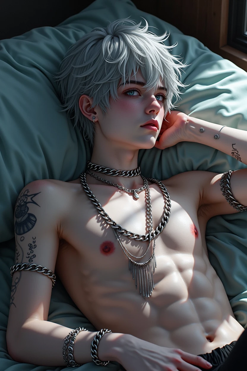 Male figure, age young man, white pale skin, grey tousled hair, piercing grey eyes, captivatingly androgynous look. He is adorned with intricate tattoos, piercings and a multitude of silver chains, striking and rebellious aesthetic. He has sweating summer, a flushed expression because summer. [anime dark edgy, fantasy genre, sleep, head on pillow.], [Dramatic lighting, dark color palette, sharp details, textured skin, perfect hand] [Naked, sensual posture]