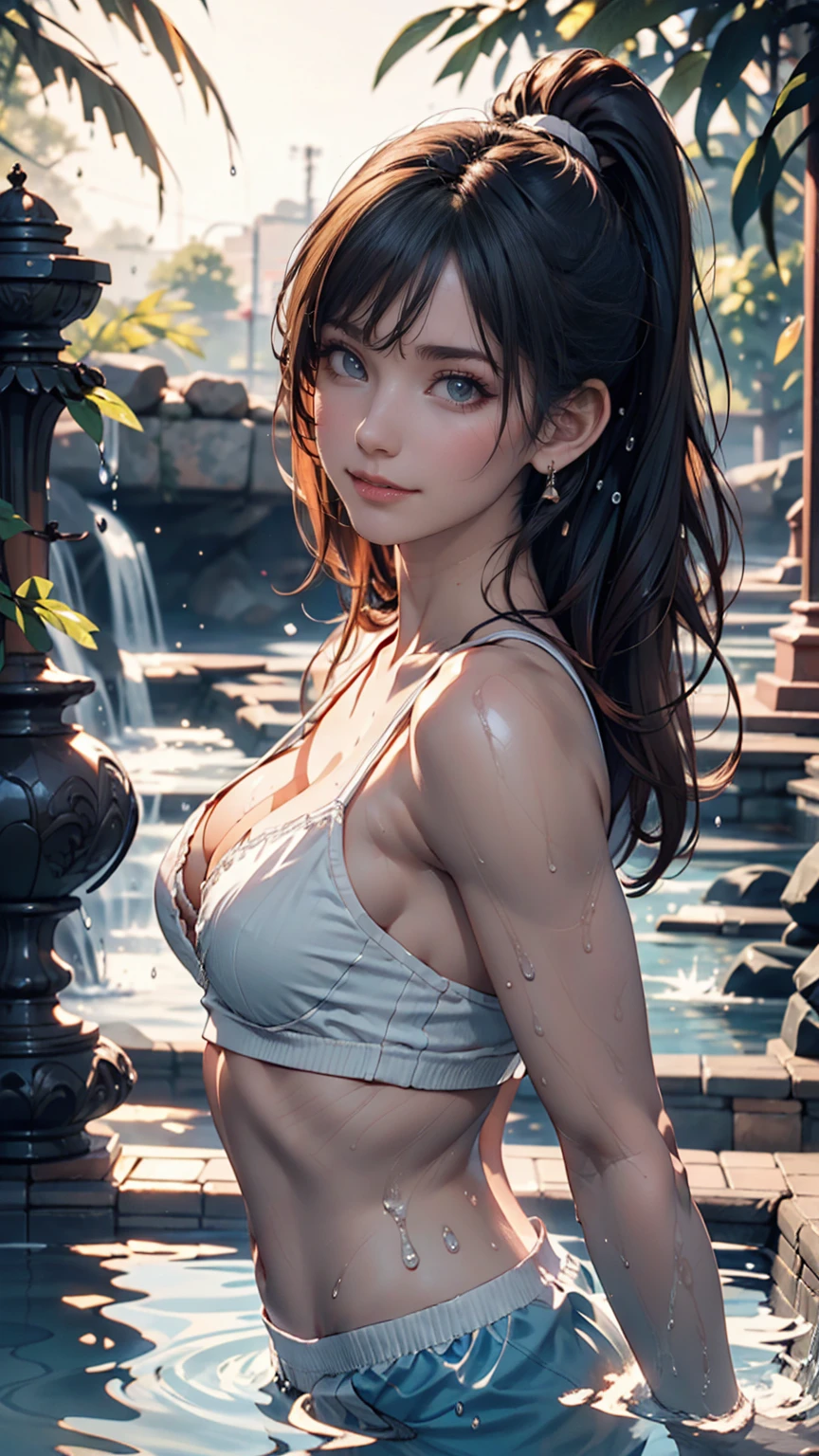 Night view, Close-up photo of Danelia Treshova, Small breasts, Bathing near a waterfall, Body immersed in water, slender cheeks, Wet Hair, Lift your chin, Fascinating face, Very good, stone, pure water, Showing cleavage, splashing water on the body, Realistic pores on the body, Looking up at the sky and smiling, Black ponytail, (blue eyes: 0.8), Beautiful adult face, 40s, Soft Volume Light, (Backlight: 1.3), (Cinematic: 1.3), Intricate details, (Art Station: 1.