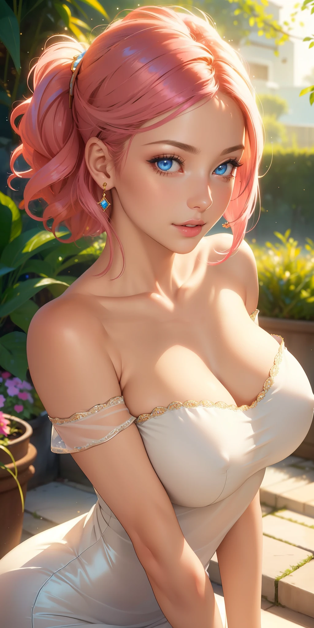 (best quality, ultra-detailed, photorealistic: 1.39), bright and vibrant colors, studio lighting, romantic expression, An effeminate girl, with a delicate and beautiful face. She is a girl who reflects seductive beauty, sparkling eyes, extremely beautiful woman, lips parted, beautiful sparkling pink hair with society lady hairstyle, beautiful transparent blouse with short dress, she is in love, at home, garden