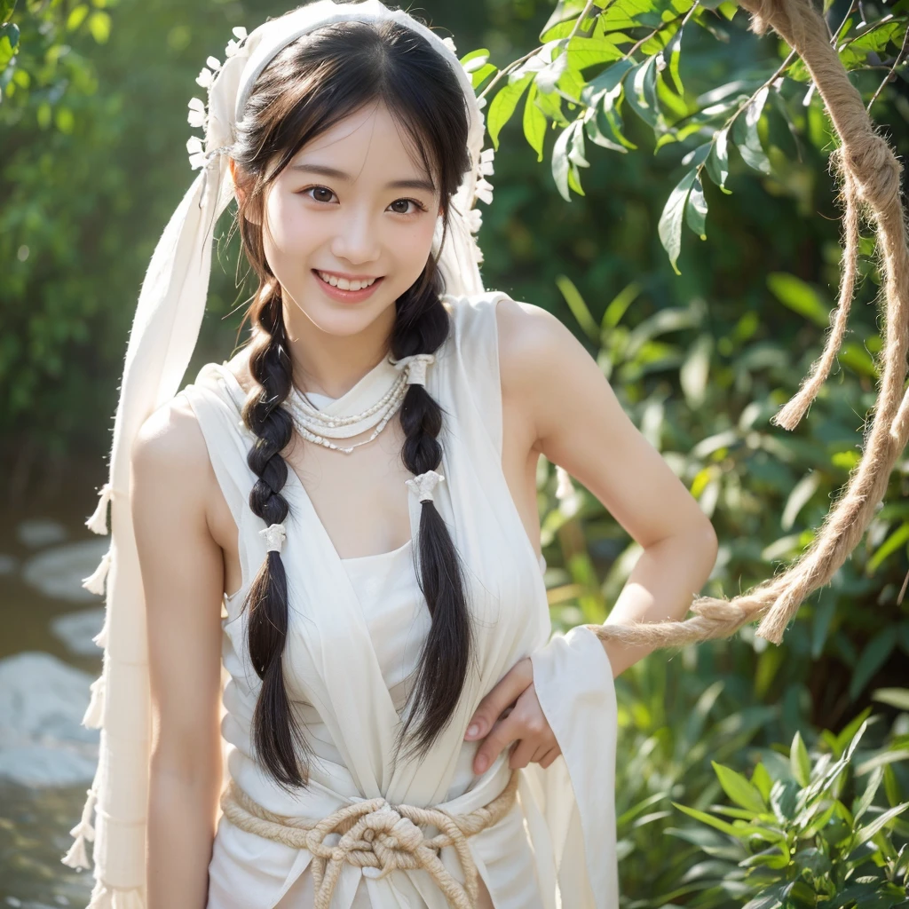 (32K、Highest quality、masterpiece:1.2)、(Realistic、Realistic:1.37)、Live-action details、Fascinating、Goddess of the Sea、Young and beautiful、Sacred Rites、Sleeveless、white、(((((Etchu loincloth)))))、Pigtails、Very detailed、Ultra-high resolution、1 person、Beautifully detailed face、Laughter、A beautiful and well-proportioned body、(Narrow waist) :1.3)、Beautiful and detailed skin、Skin Texture、Floating Hair、Human whole body、smile、、はにかんだsmile、Sappin&#39;&#39;&#39;&#39;&#39;&#39;&#39;&#39;&#39;&#39;、Moisturizing lips、Pale pink lips、Upper body naked、Lace green underwear、Micro size underwear、Umbilical cord prolapse、F cup breasts、Cleavage、Browsing Caution, ((Spreading pussy:1.3)),Nipples