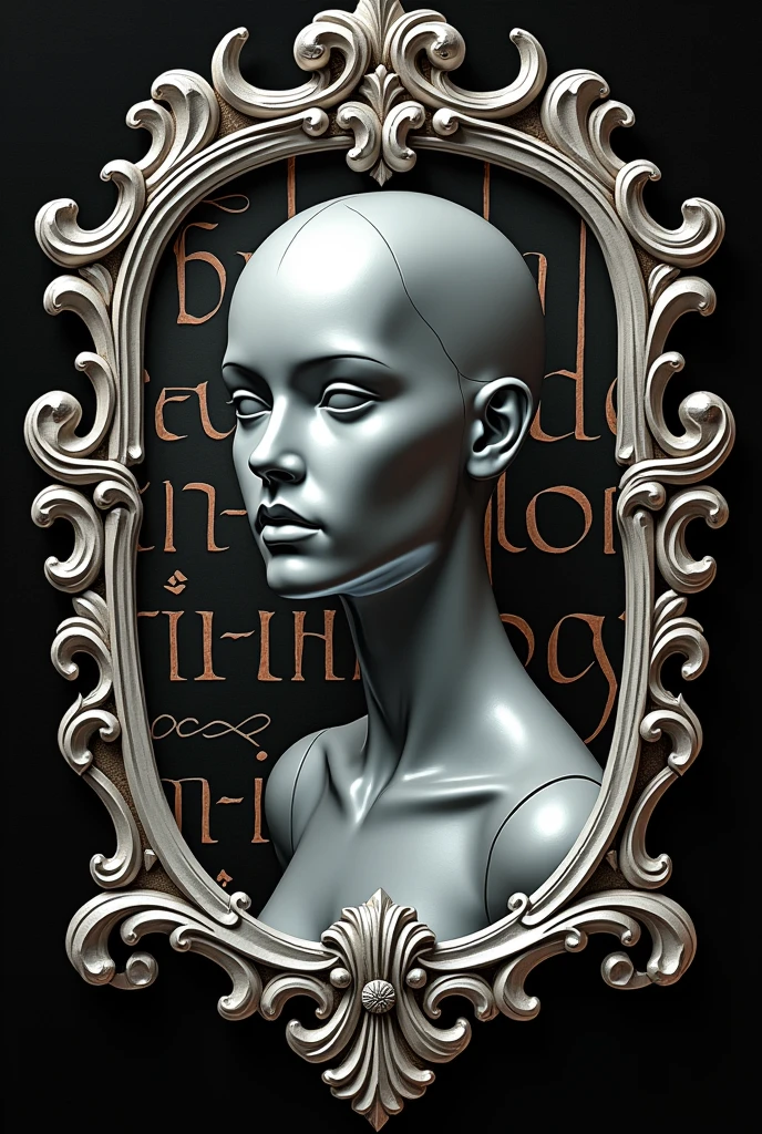 make a black t-shirt print with a Rococo style silver mirror print with the interior reflecting the head of a stylized mannequin in medium gray. Behind this mirror, the word psychology is written in a stylized way, distorted in gold and copper colors.