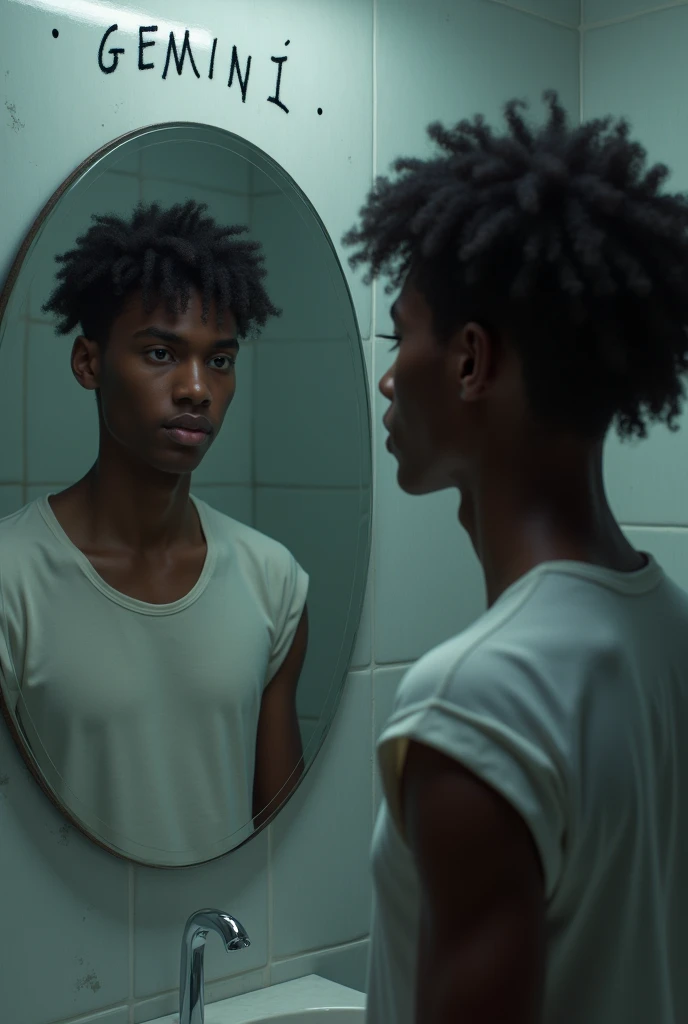 Create an image that represents living in a world where everything is bought, where value is measured in silly numbers of likes, where truth is a myth and everyone wants their Gemini account, the mirror, the reflection of a torment, something like that. The young man is a young man with smooth, brown, curly skin, he is looking at himself in the mirror and the word Gemini is written on the mirror.