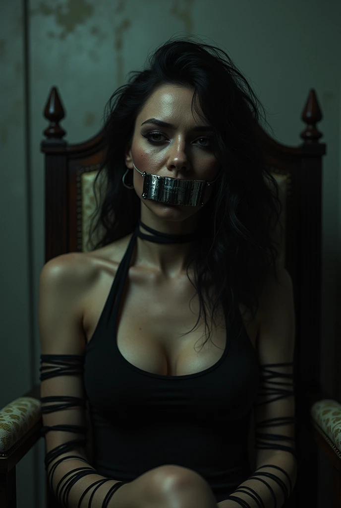 A sexy hooker tied to a chair. Mouth gagged. Running mascara. Arms tied to arm rests