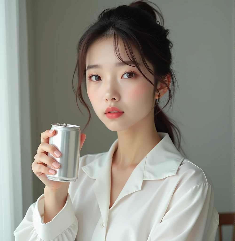 realistic photo, Japanese woman, 23 years old, Wearing white clothes, standing holding a can, showing a detailed face and body., natural light, high resolution, photorealistic, (best quality,8ก,height,Masterpiece:1.2),Very detailed,(realistic,photorealistic,photo-realistic:1.37),realistic skin texture,Detailed eyes and lips,Beautifully detailed face,Long eyelashes,Smooth skin,natural shape