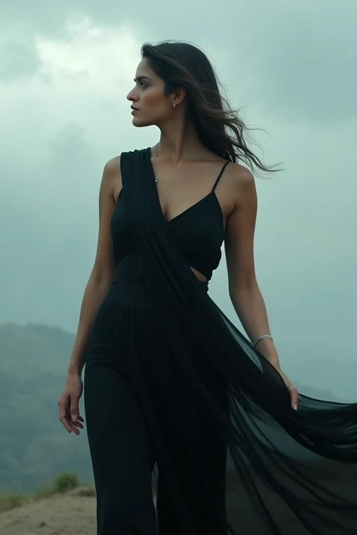 Kriti sanom black saree, relaxed pose, cloud, noises, raw photo