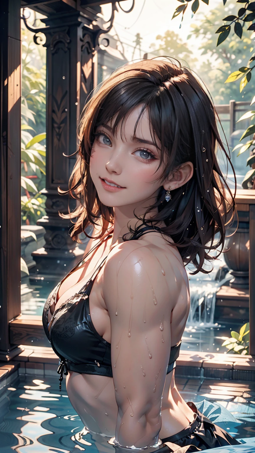 Night view, Close-up photo of Danelia Treshova, Small breasts, Bathing near a waterfall, Body immersed in water, slender cheeks, Wet Hair, Lift your chin, Fascinating face, Very good, stone, pure water, Showing cleavage, splashing water on the body, Realistic pores on the body, Looking up at the sky and smiling, Black ponytail, (blue eyes: 0.8), Beautiful adult face, 40s, Soft Volume Light, (Backlight: 1.3), (Cinematic: 1.3), Intricate details, (Art Station: 1.