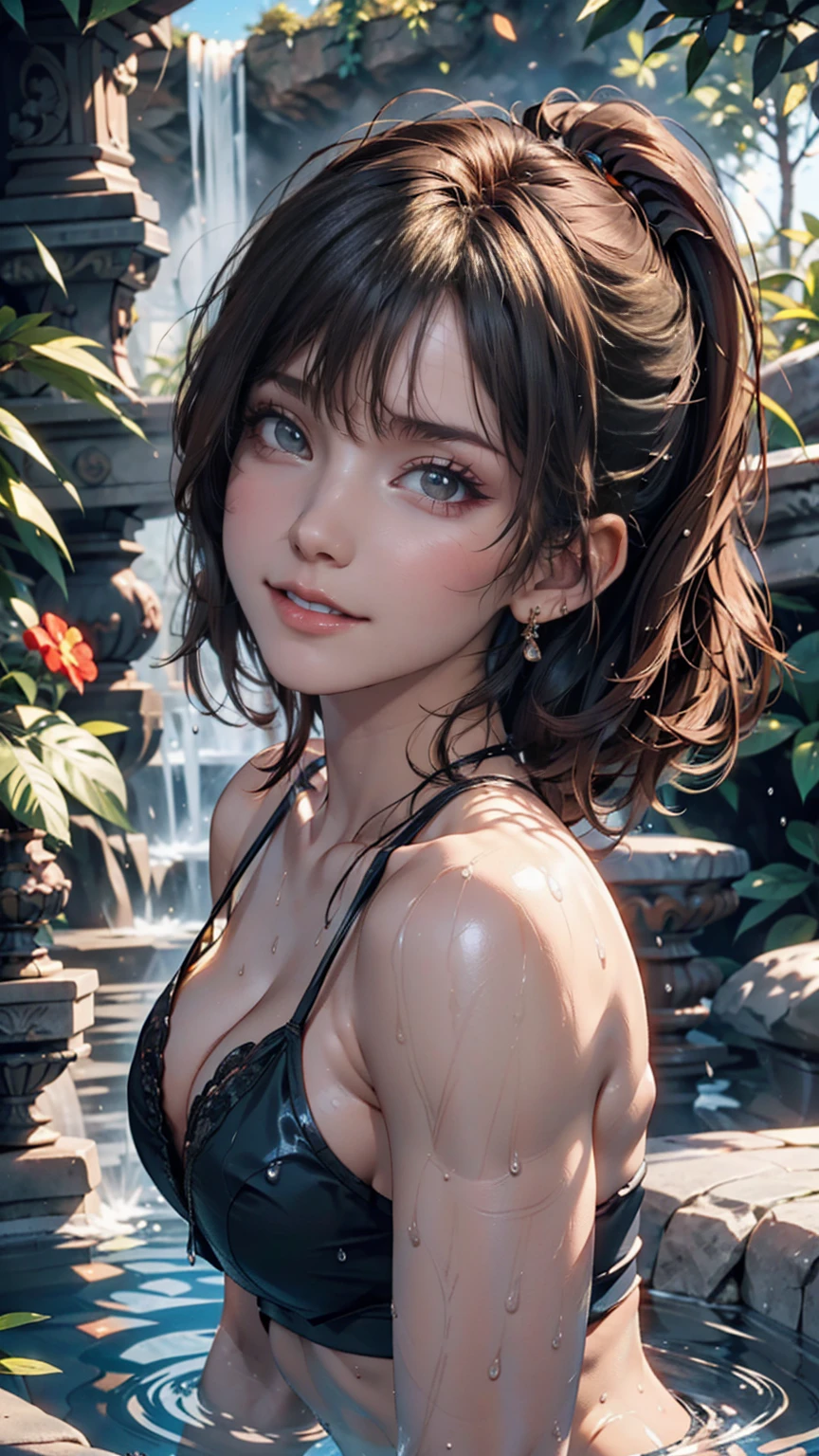 Night view, Close-up photo of Danelia Treshova, Small breasts, Bathing near a waterfall, Body immersed in water, slender cheeks, Wet Hair, Lift your chin, Fascinating face, Very good, stone, pure water, Showing cleavage, splashing water on the body, Realistic pores on the body, Looking up at the sky and smiling, Black ponytail, (blue eyes:  0.8), Beautiful adult face, 40s, Soft Volume Light, (Backlight: 1.3), (Cinematic: 1.3), Intricate details, (Art Station: 1.