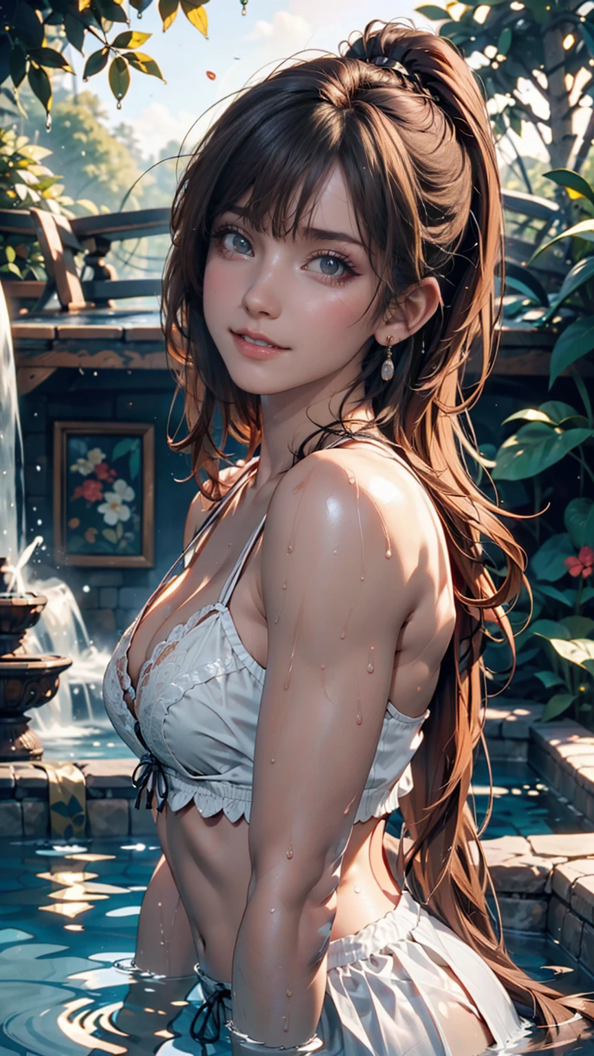 Night view, Close-up photo of Danelia Treshova, Small breasts, Bathing near a waterfall, Body immersed in water, slender cheeks, Wet Hair, Lift your chin, Fascinating face, Very good, stone, pure water, Showing cleavage, splashing water on the body, Realistic pores on the body, Looking up at the sky and smiling, Black ponytail, (blue eyes: 0.8), Beautiful adult face, 40s, Soft Volume Light, (Backlight: 1.3), (Cinematic: 1.3), Intricate details, (Art Station: 1.