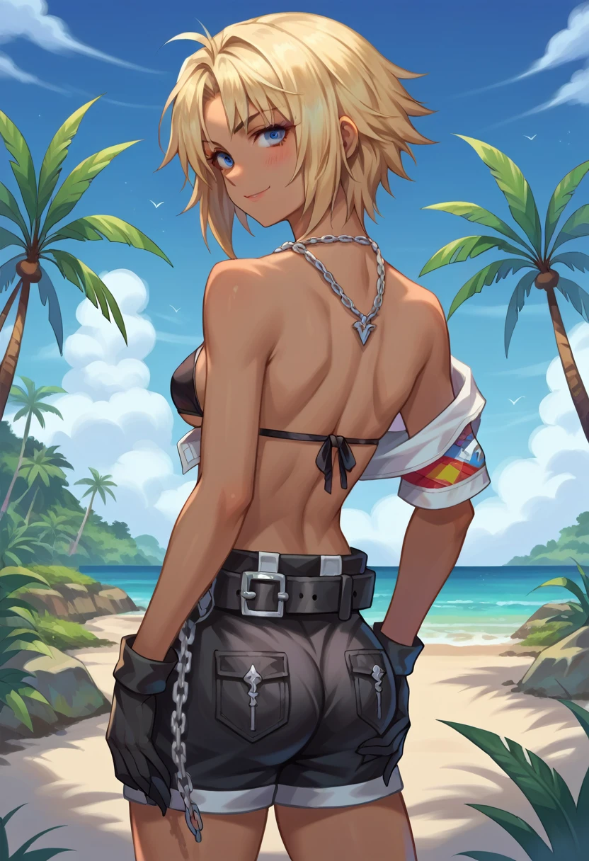 score_9, score_8_up, score_7_up, source_anime, 1girl, solo, (female:1.2), female focus, TidusFFX, blonde hair, dark hair roots, (medium hair), blue eyes, dark skin, solo, open clothes, shorts, black gloves, necklace, shorts, top bikini, back bikini, belt, chain, standing, hand on ass, bare sholder, blushing, slight smile, looking at you, tropical village, clear sky, day, from behind