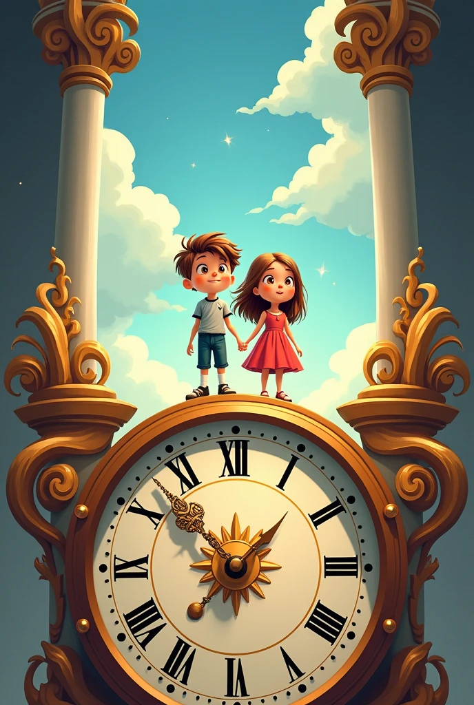 An image of cartoon boy and girl standing on two hands of a clock that saying god's time is always perfect