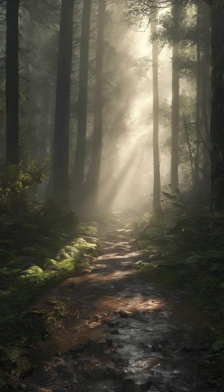 Mysterious thick mist, a mysterious forest road, dense forest, sun rays breaking through the mysterius thick fog, magical sunlight, detailed environment, lush foliage, ancient trees, realistic lighting, cinematic atmosphere, detailed textures, vibrant colors, photorealistic, unreal engine, 8k, highly detailed