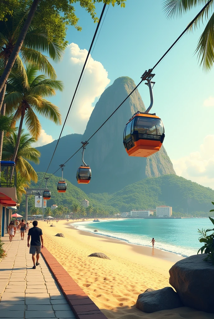 Create beach image, cable car at Sugarloaf Mountain seen from the sidewalk