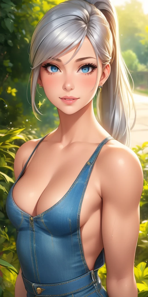 (best quality, ultra-detailed, photorealistic: 1.39), bright and vibrant colors, studio lighting, romantic expression, An effeminate girl, with a delicate and beautiful face. She is a girl who reflects seductive beauty, sparkling eyes, extremely beautiful woman, lips parted, beautiful sparkling silver hair, beautiful bangs, with a high ponytail with society lady hairstyle, beautiful shy smile, beautiful denim jumpsuit, beautiful black tank top, she is in love, at home, garden, beautiful small breasts, prozeanda, muscular
