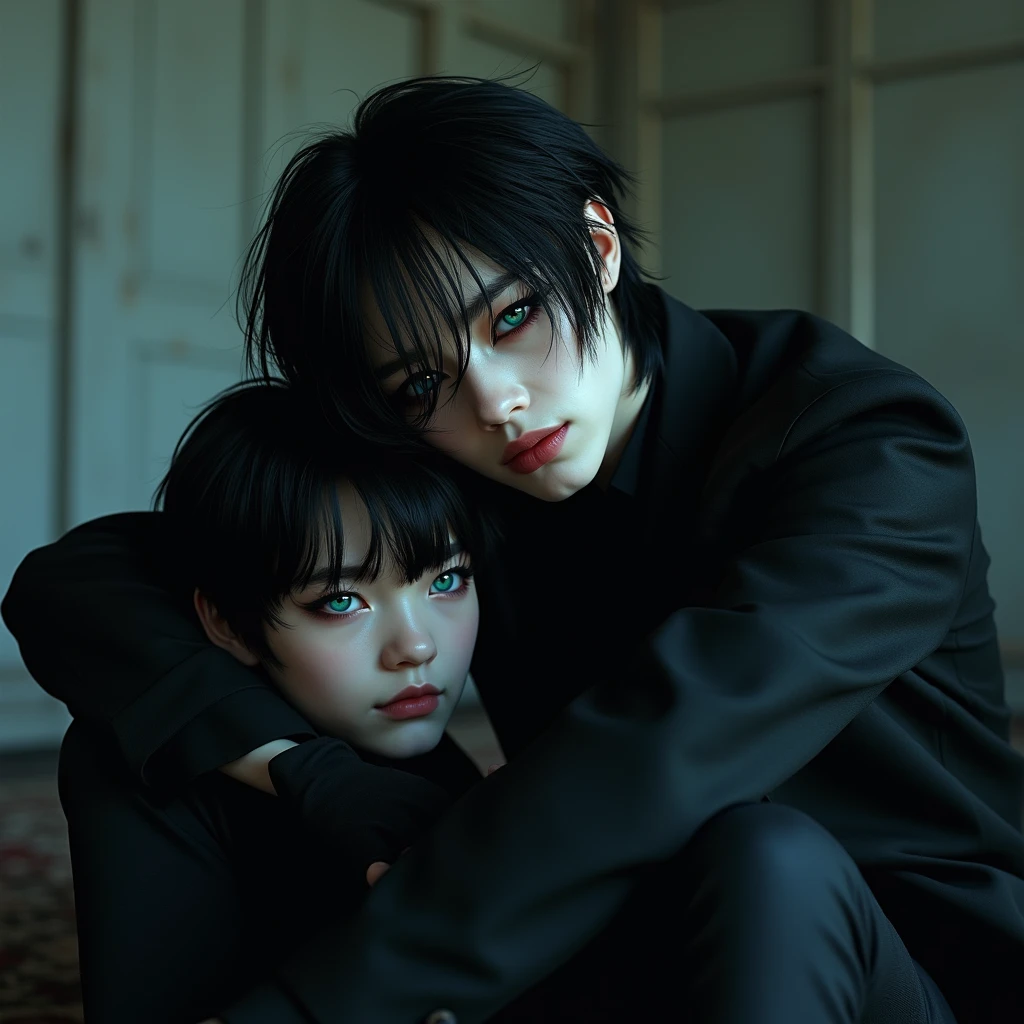 A sexy young male with teal blue eyes and long straight black hair, with pretty and delicate facial features, he is wearing gothic black clothes. His skin is pale and white. He has thick and shiny legs. (Male) (Black and purple) (Make it realistic) ((no facial hair)) ((no body hair))) ((masterpiece))  ((detailed) (((NO facial hair or body hair)) ((sexy)) (((show his full body)) (((he looks attractive)) (smirking) (he has gothic makeup on his face) ((show his whole body)) (MALE)) ((BOY)) ((NON-FEMALE)) ((he's laying his head on a boy's lap))