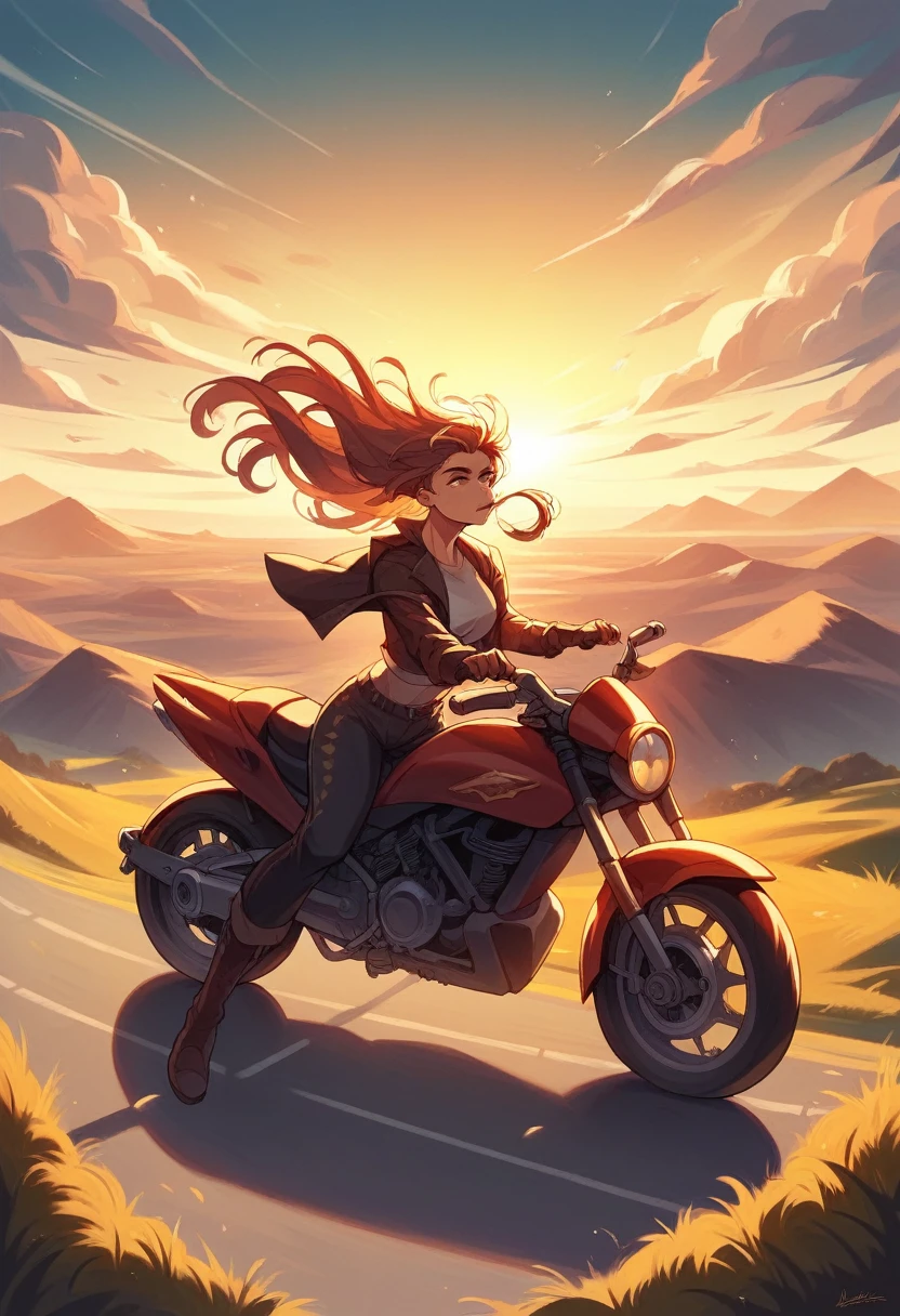 (best qualityer, high resolution),1 girl, sitting on a mighty, the modern Ducati motorcycle, color red,dynamic pose, wind blowing your hair, swirly vibrant colors, stunning sunset, landscape by the sea, golden hour lighting.