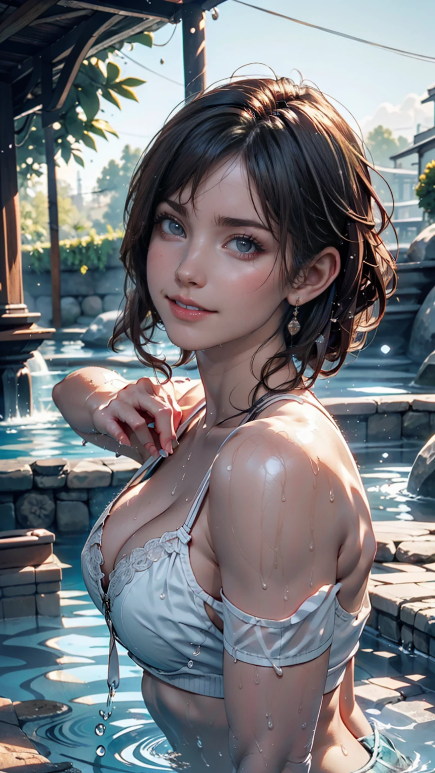 Night view, Close-up photo of Danelia Treshova, Small breasts, Bathing near a waterfall, Body immersed in water, slender cheeks, Wet Hair, Lift your chin, Fascinating face, Very good, stone, pure water, Showing cleavage, splashing water on the body, Realistic pores on the body, Looking up at the sky and smiling, Black ponytail, (blue eyes: 0.8), Beautiful adult face, 40s, Soft Volume Light, (Backlight: 1.3), (Cinematic: 1.3), Intricate details, (Art Station: 1.
