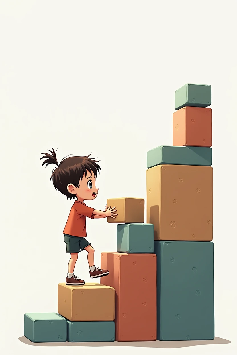 Have the child step on the next step with one of their feet, Change the child's hair to a shorter one, separate the blocks so they look like cubes, have the child hold the last block that will be placed on top