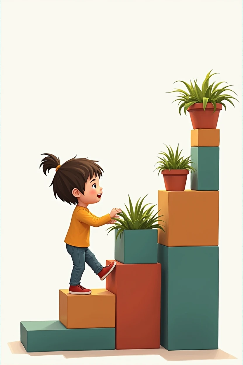 Have the child step on the next step with one of their feet, Change the child's hair to a shorter one, separate the blocks so they look like cubes, have the child hold the last block that will be placed on top
