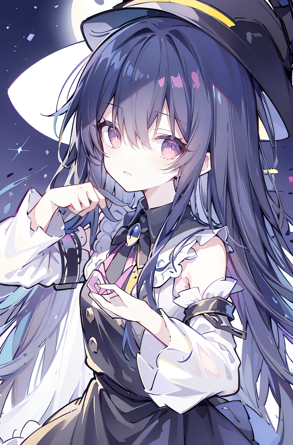 oung Girls,Humanity,A magician always smiles,big witch hat,cute,dark blue long hair,The eyes are dull,The bangs are heavy,Thin eyebrows,fantasy,intake,Double teeth,Star Theme,Constellation pattern,Solid color clothetal decoration,cloak,A bit of a dark atmosphere,A little crazy smile,When the big moon shines outside at night,blood,Hair black star embellishment,Short tie,No nails,High waist skirt,Bell sleeves,Long-sleeved shirt,Black tie,low risk,gentlemen。Mist、Yellow and white effect，Shocking pink as an accent color