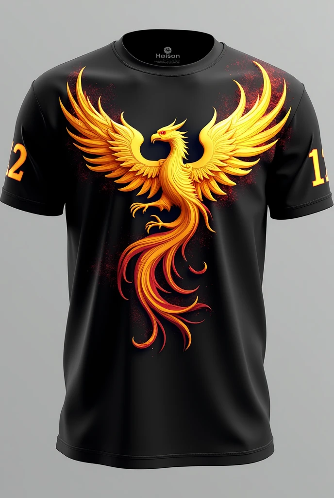 A class shirt that contains the name Bolzan and the number 12, which is black with a phoenix on the front and the number on the back, but the phoenix must be gold with red. 
Show only the shirt without showing bodies and show the shirt from both sides. 