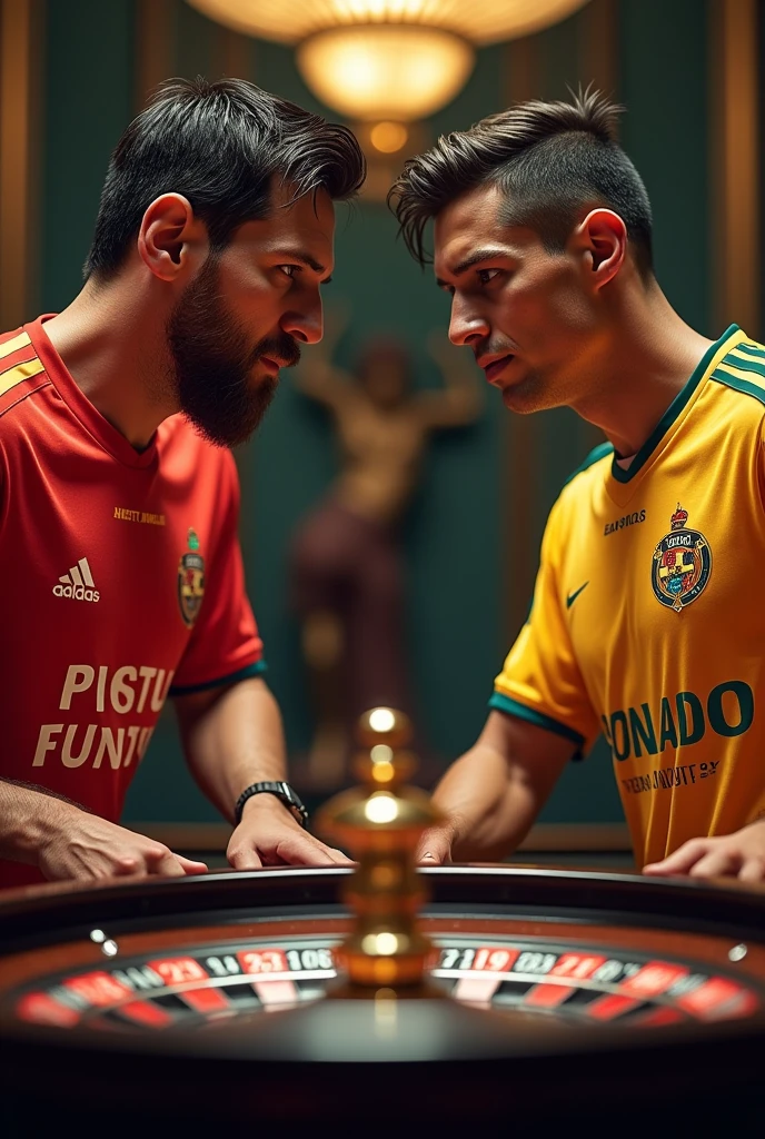 Leo Messi and Cristiano Ronaldo playing casino roulette wearing sports jerseys from the Colombian team ATLÉTICO BUCARAMANGA with an ad for the sponsor called “PUSSY HOUSE”