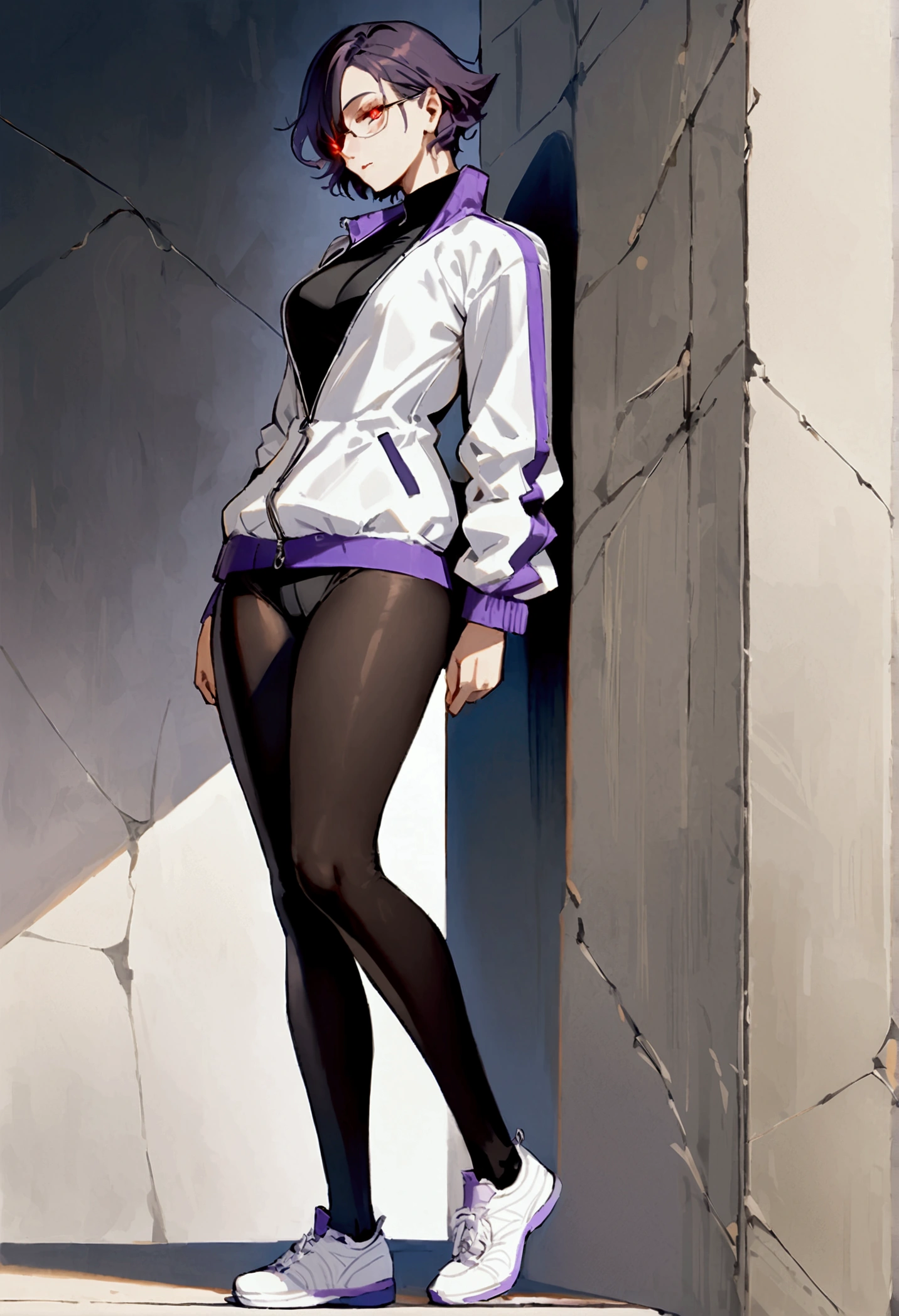 standing,alone,leaning against a broken wall,short hair,work of art,face detailed,beautiful young fitness woman with , in a gym wearing May with black pantyhose, white and purple tight short gym jacket. standing alone,red eyes glowing,Evil smile,legging preto ,labiaa,dark eye shadow,shining eyes,a hand leaning against the wall,neckleace,jacket zipper half open,Tight black shirt,white sports tennis shoes,short hair with purple details,beautiful curves,whole body,hair with purple details,labiaa,detailed face and eyes,work of art,sexy look,pefil from sideways,from sideways,wind in your hair,fully body,glasses on eyes,Raby tempestade,cloudy wall,portra,Raby
